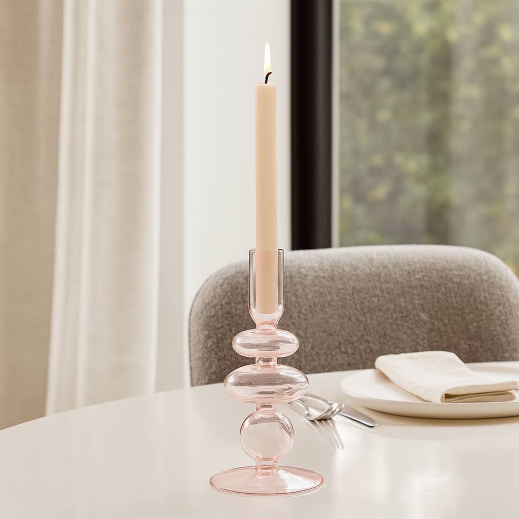 Glass Vintage Sculptural Taper Candle Holder - Pink, 7 in.