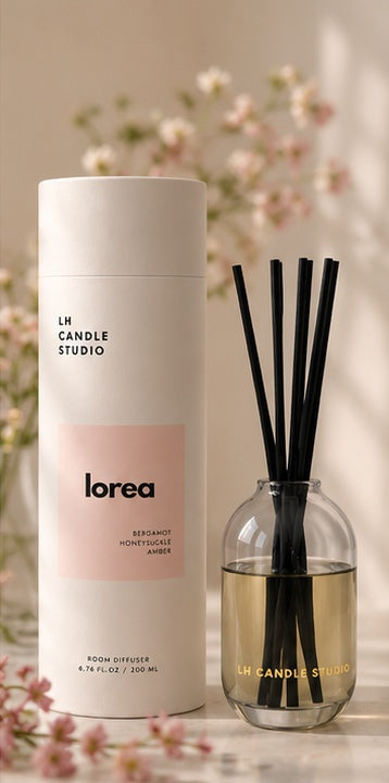 Lorea reed diffuser by LH Candle Studio in a styled product shot