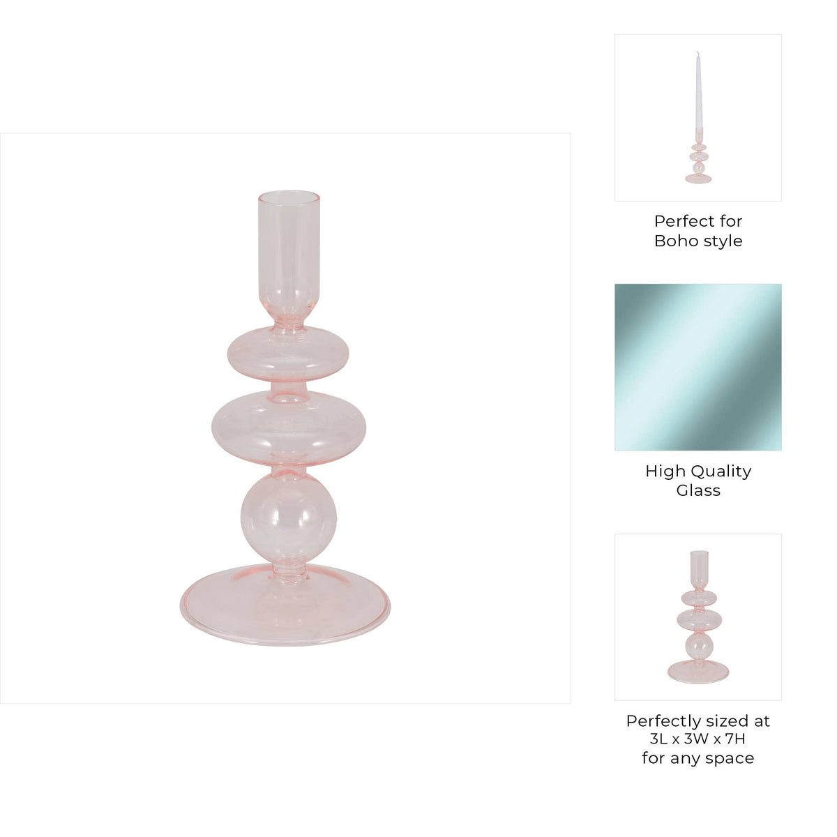 Glass Vintage Sculptural Taper Candle Holder - Pink, 7 in.