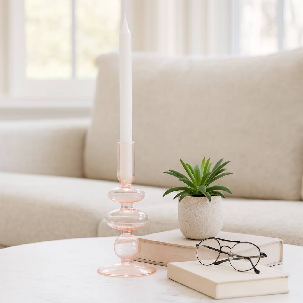 Glass Vintage Sculptural Taper Candle Holder - Pink, 7 in.