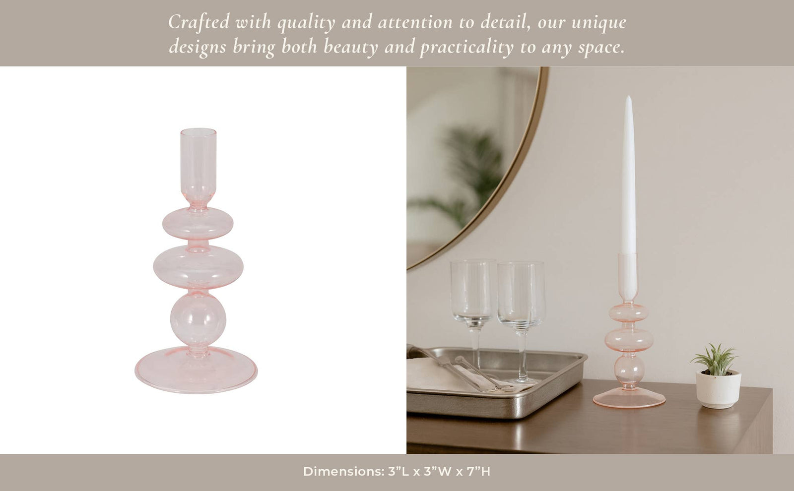 Glass Vintage Sculptural Taper Candle Holder - Pink, 7 in.