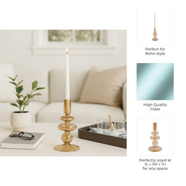 Glass Vintage Bubble Taper Candle Holder - Gold, 7 in.