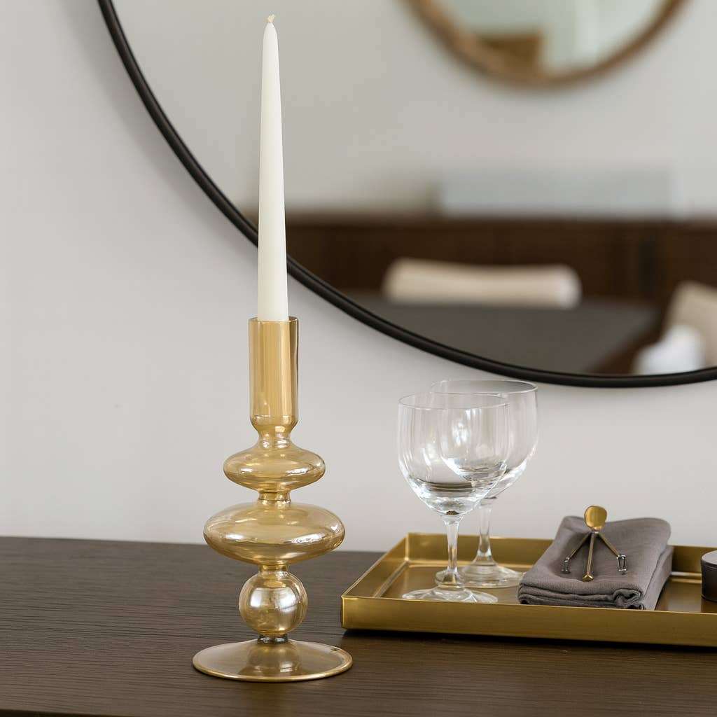 Glass Vintage Bubble Taper Candle Holder - Gold, 7 in.