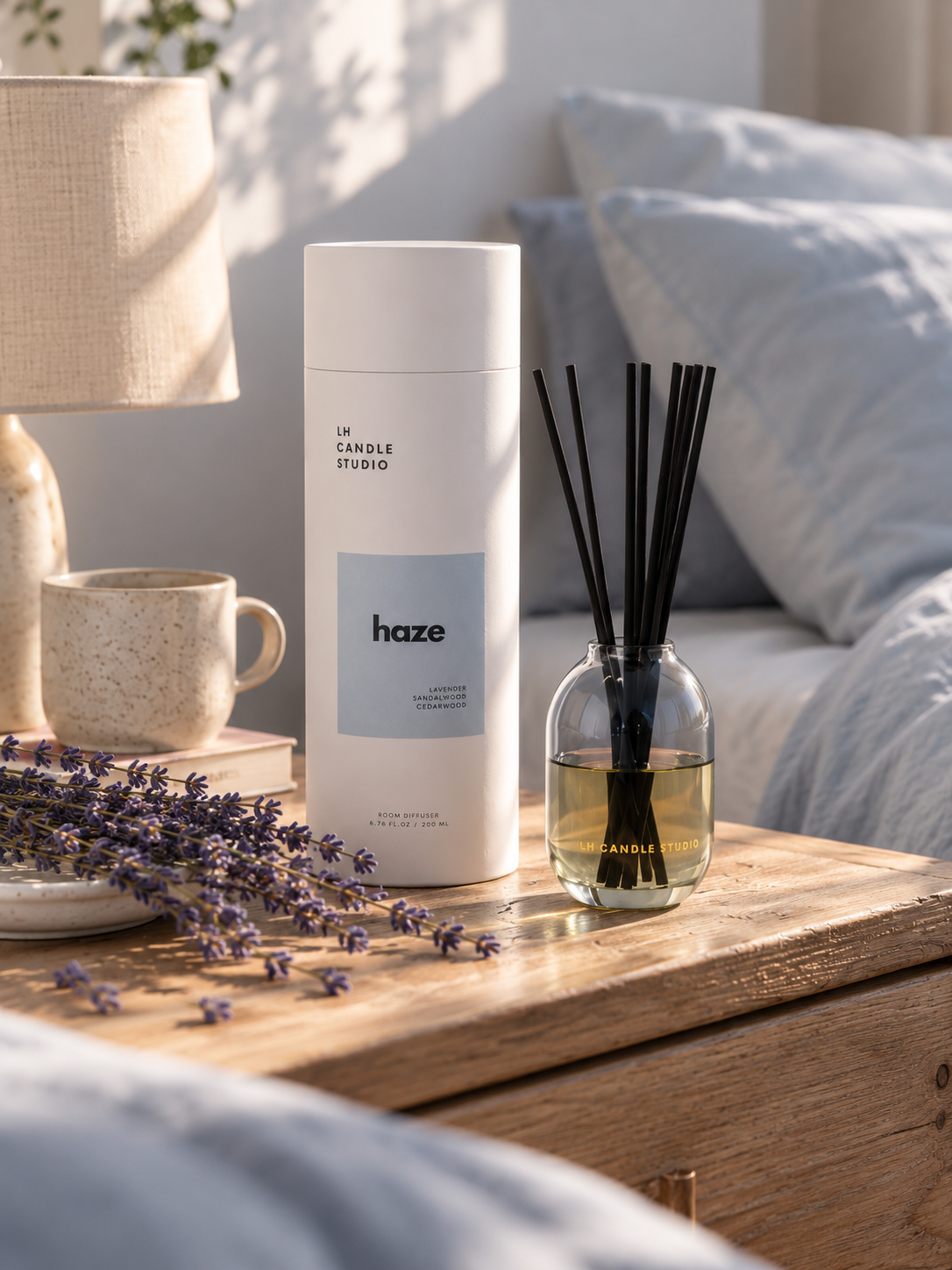 Haze reed diffuser by LH Candle Studio on a bedroom nightstand in soft morning light