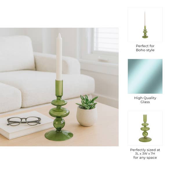 Glass Vintage Bubble Taper Candle Holder - Green, 7 in.