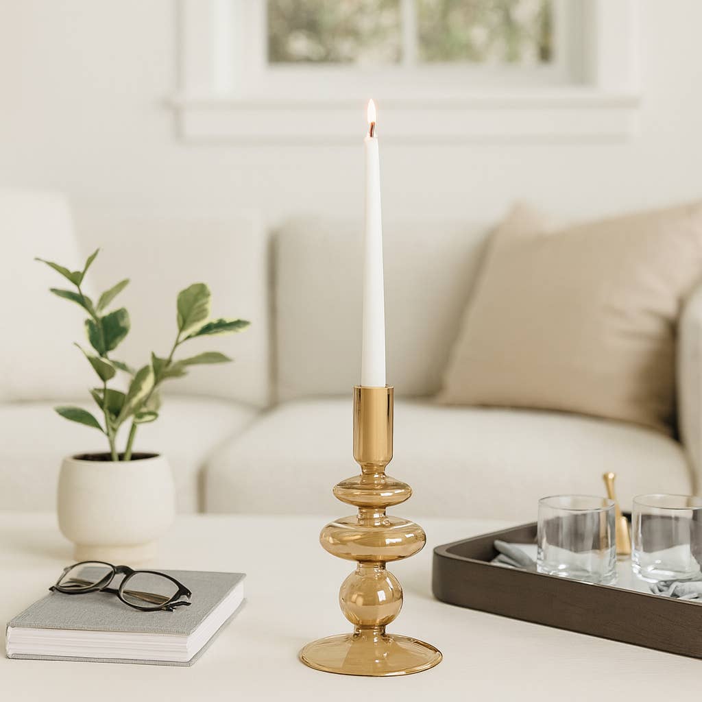 Glass Vintage Bubble Taper Candle Holder - Gold, 7 in.