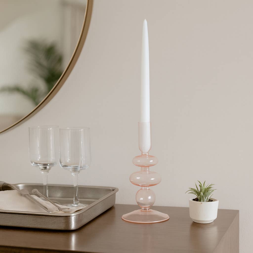 Glass Vintage Sculptural Taper Candle Holder - Pink, 7 in.