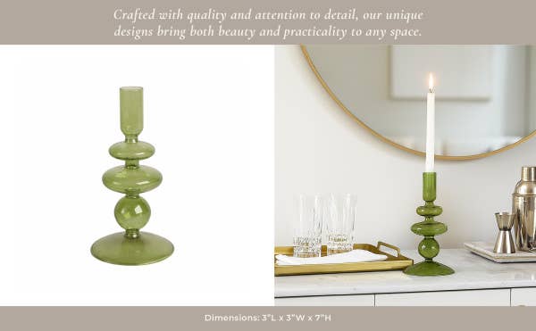 Glass Vintage Bubble Taper Candle Holder - Green, 7 in.