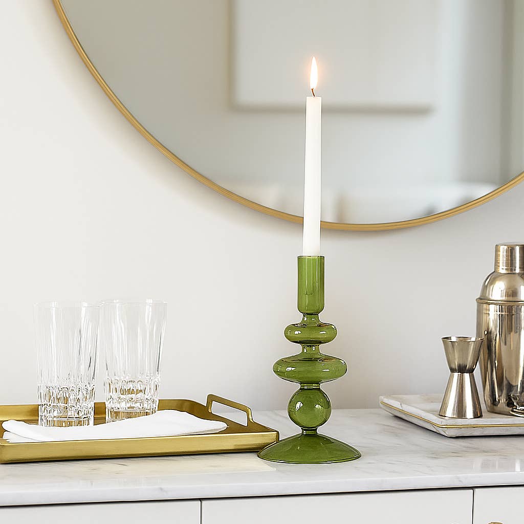 Glass Vintage Bubble Taper Candle Holder - Green, 7 in.