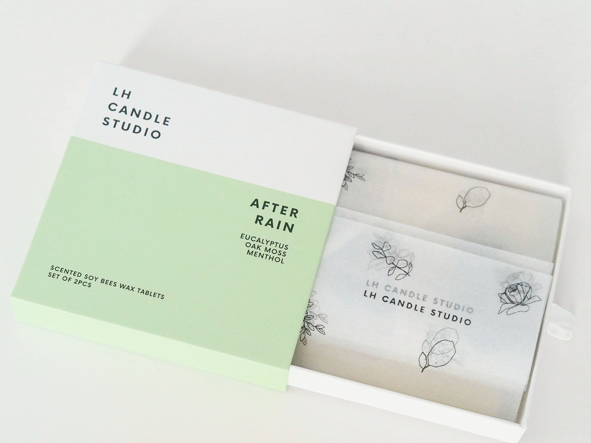 After Rain wax tablet box opened, wrapped in LH Candle Studio tissue paper