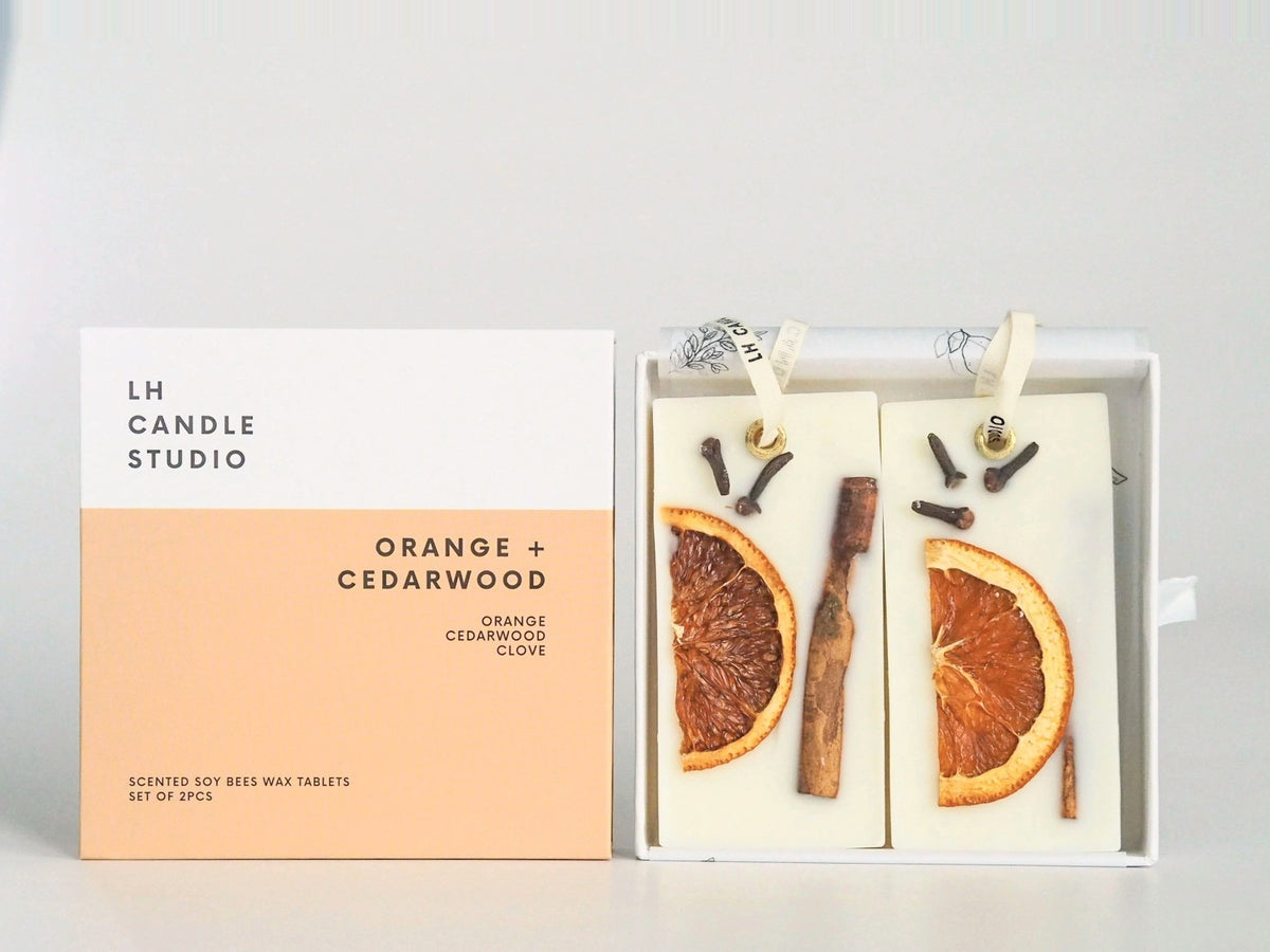 Orange + Cedarwood scented wax tablets by LH Candle Studio, set of 2 with gift box